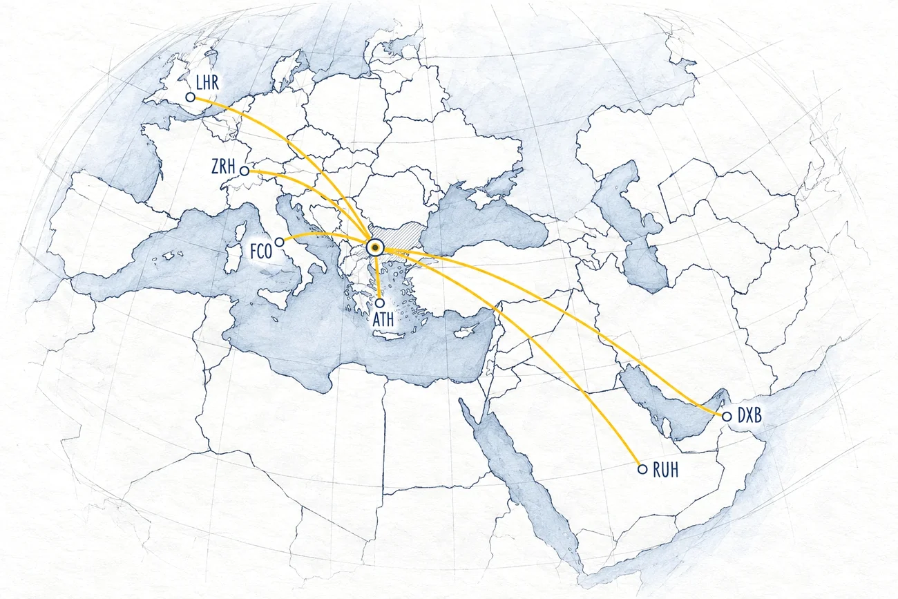 Pencil map of routes from Sofia to Zurich, Rome, Athens, London, Riyadh and Dubai