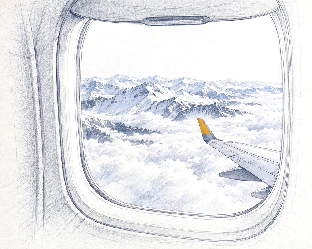 Drawing of snow-capped mountains above the clouds, seen from an aircraft window