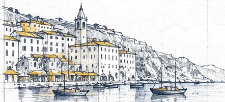 Pencil drawing of a harbour town with fishing boats