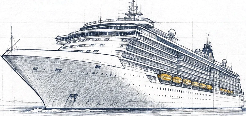 Pencil drawing of a cruise ship at sea