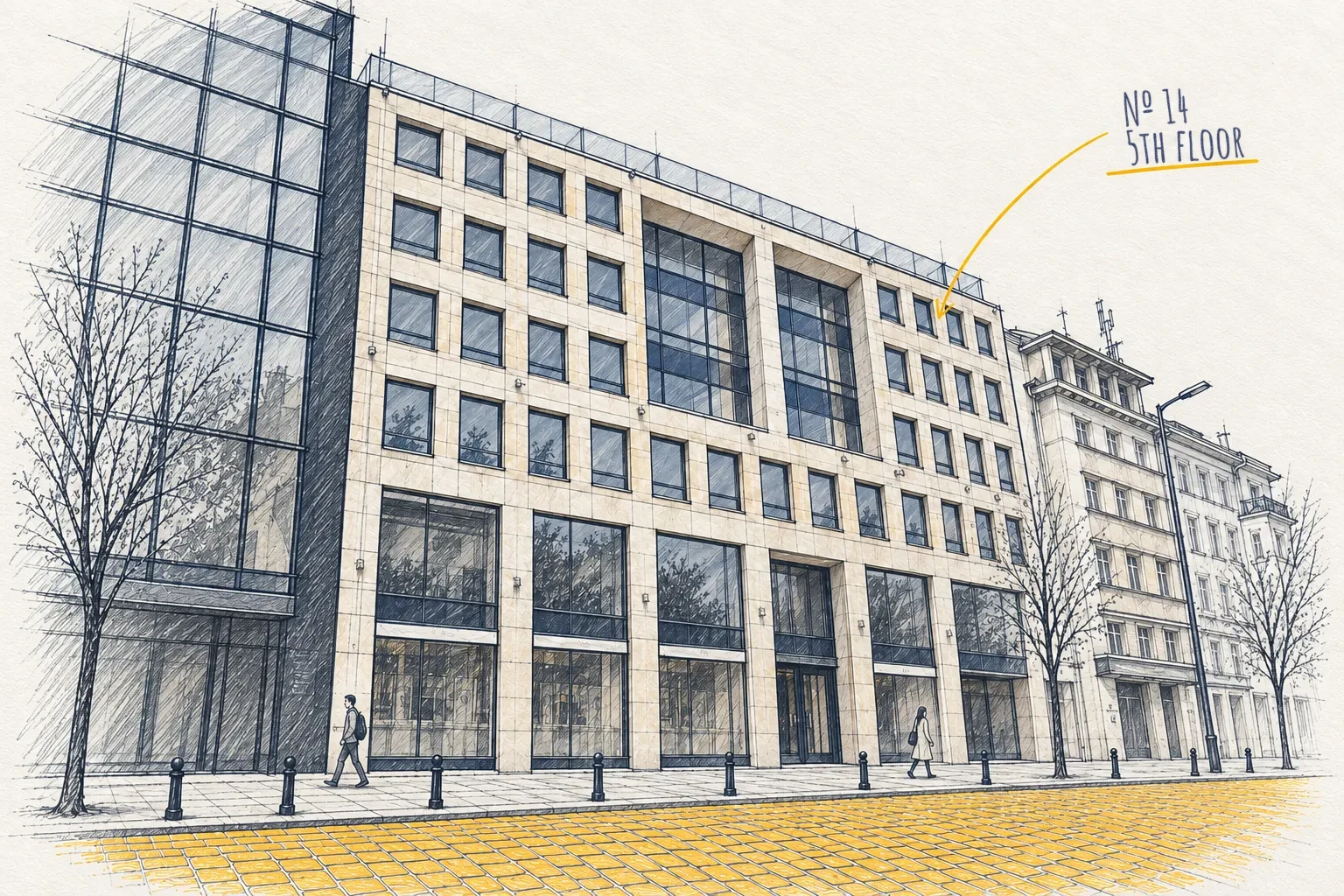 Drawing of the Landmark Centre, 14 Tzar Osvoboditel Blvd, Sofia, on the yellow paving stones; our office is on the 5th floor